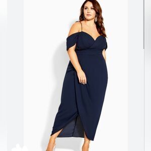 New City Chic Heartbreaker Navy Blue Ruffle Off Shoulder Maxi Cocktail Dress XXL